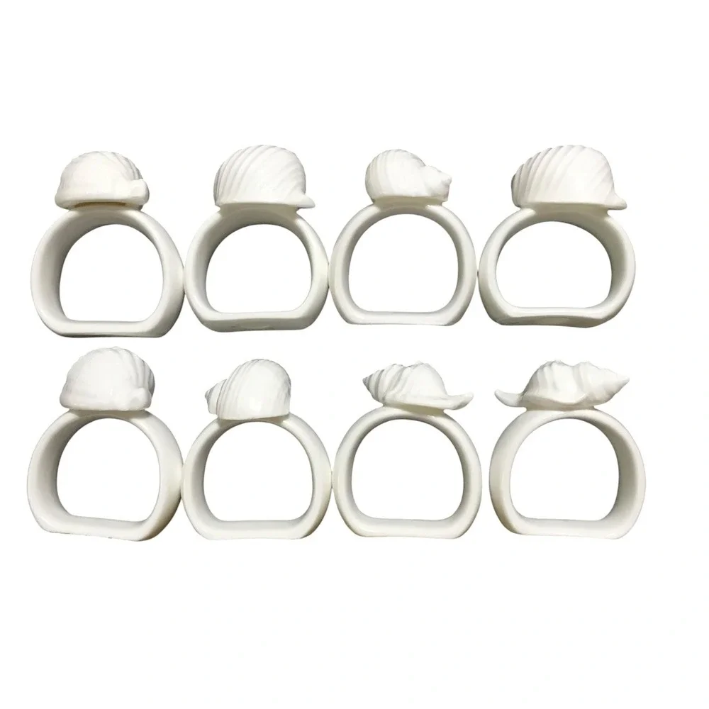 Set of 8 White Ceramic Seashell Napkin Rings Coastal Nautical Beach Decor conch